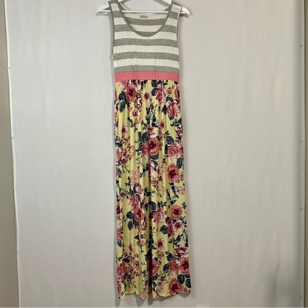 Egs California Women’s Sleeveless Floral Stripe Maxi Dress Yellow & Grey NWOT